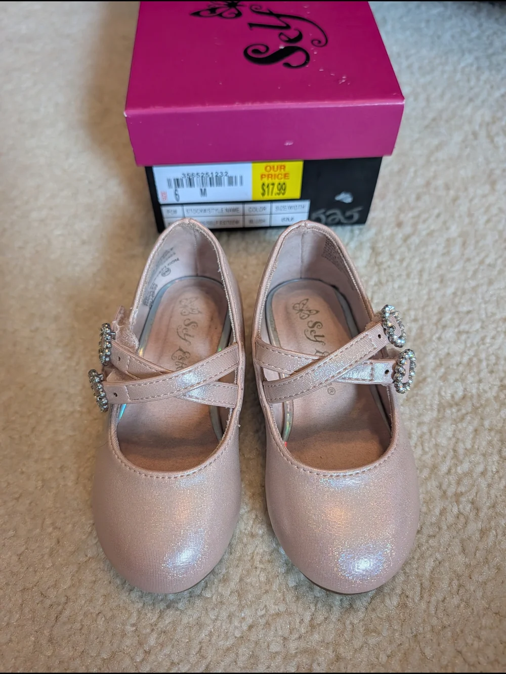 Rose gold pink shiny metallic 2 velcro strap ballerina flats shoes toddler sz 6